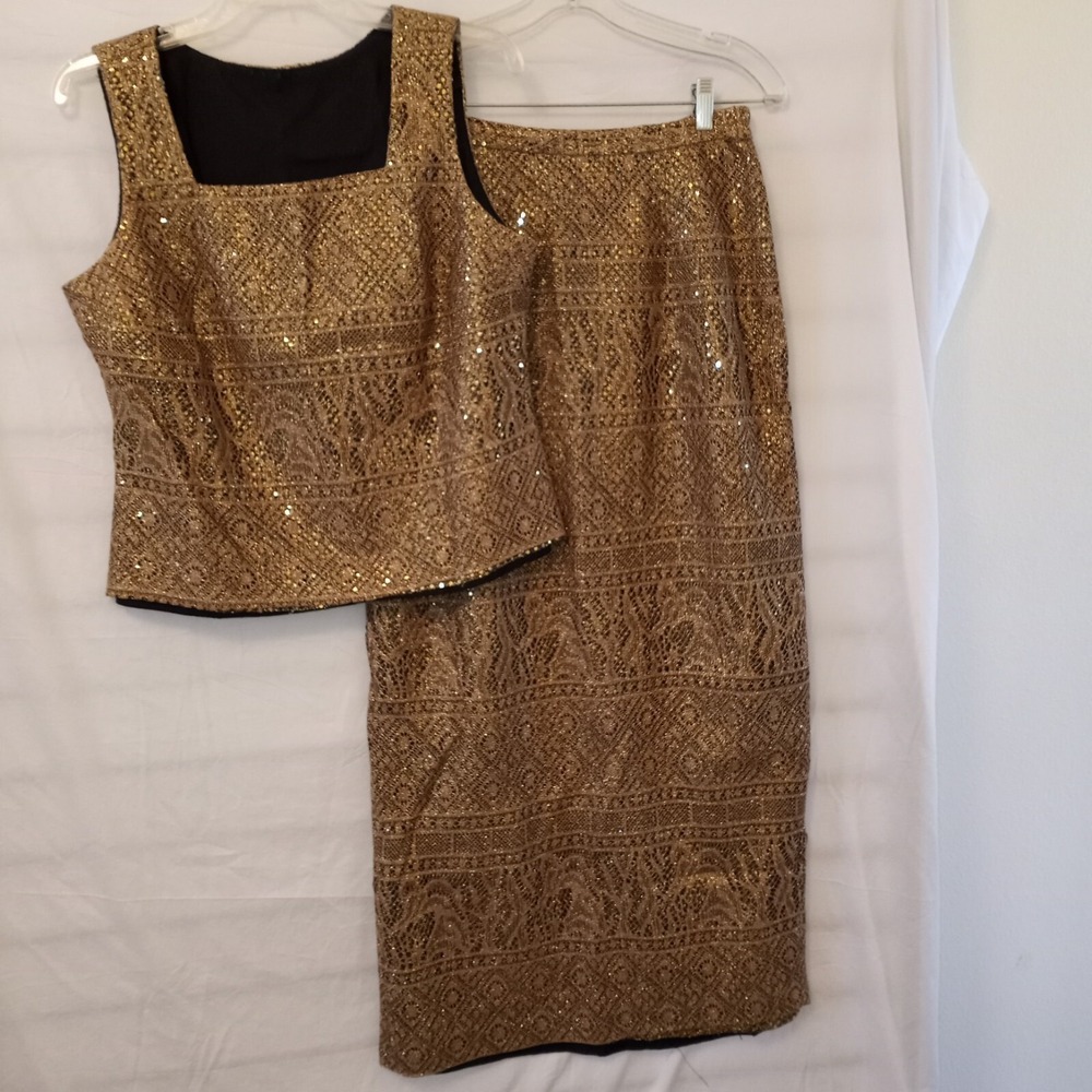 Vintage‎ Petites by Nu-Mode Gold Sequin Lace 2 Piece Maxi Skirt Set Size 11/12